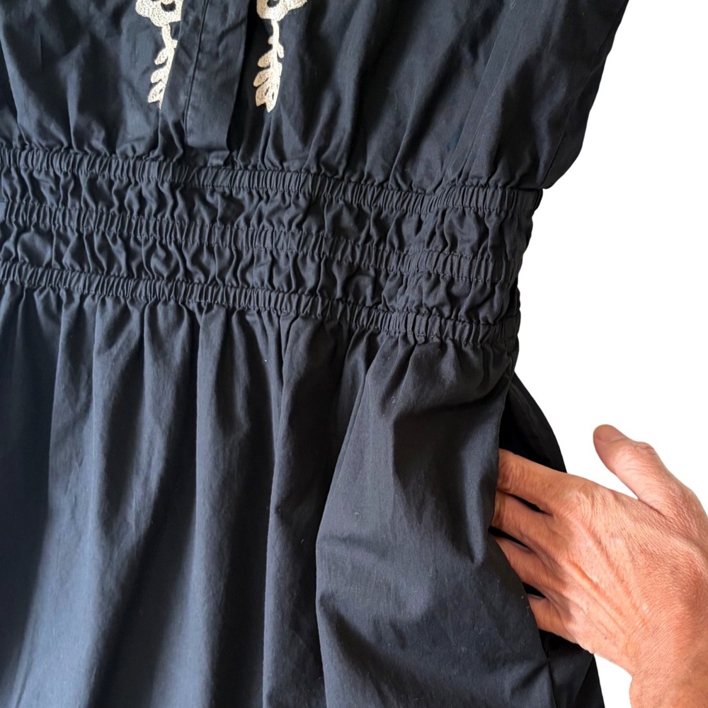 FRENCH CONNECTION Embroidered Midi Dress Size L Puff Sleeve Smocked Ruffle Black - Picture 6 of 15